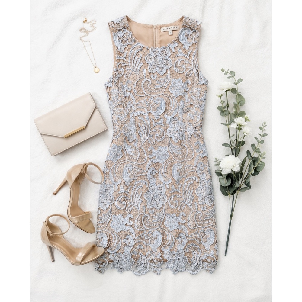 Shilla Light Blue Floral Guipure Lace Mini Dress Nude Lining Sleeveless Small